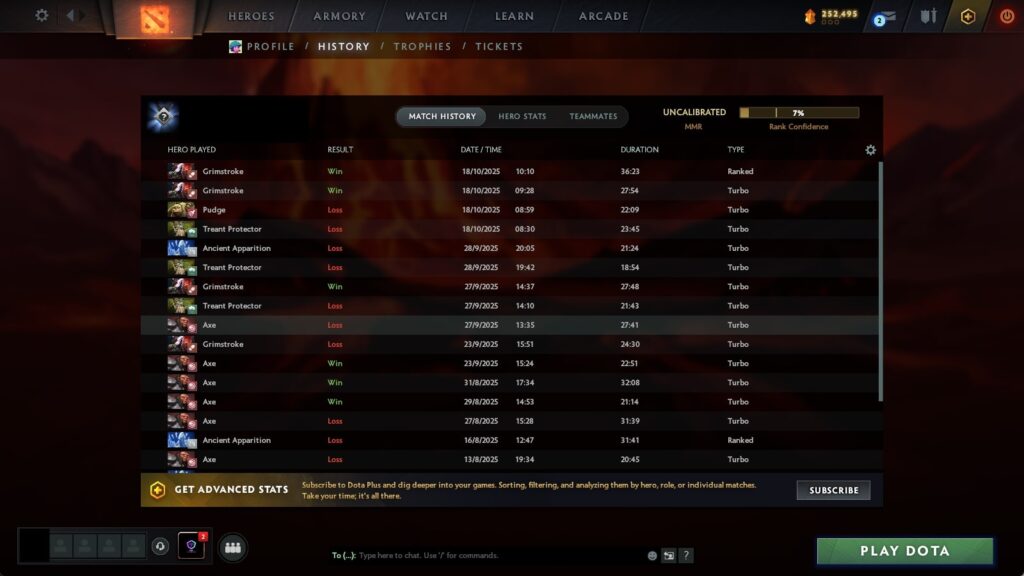 Dota 2 match history screen showing recent ranked and turbo games with heroes, results, and MMR calibration progress