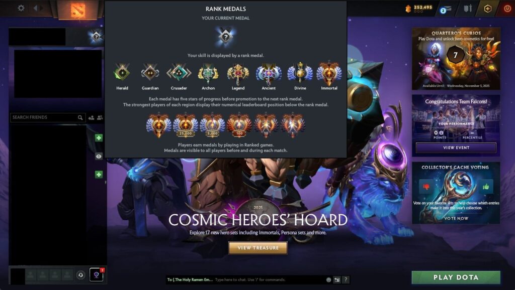 Dota 2 in-game screen showing all rank medals from Herald to Immortal in the ranked matchmaking menu