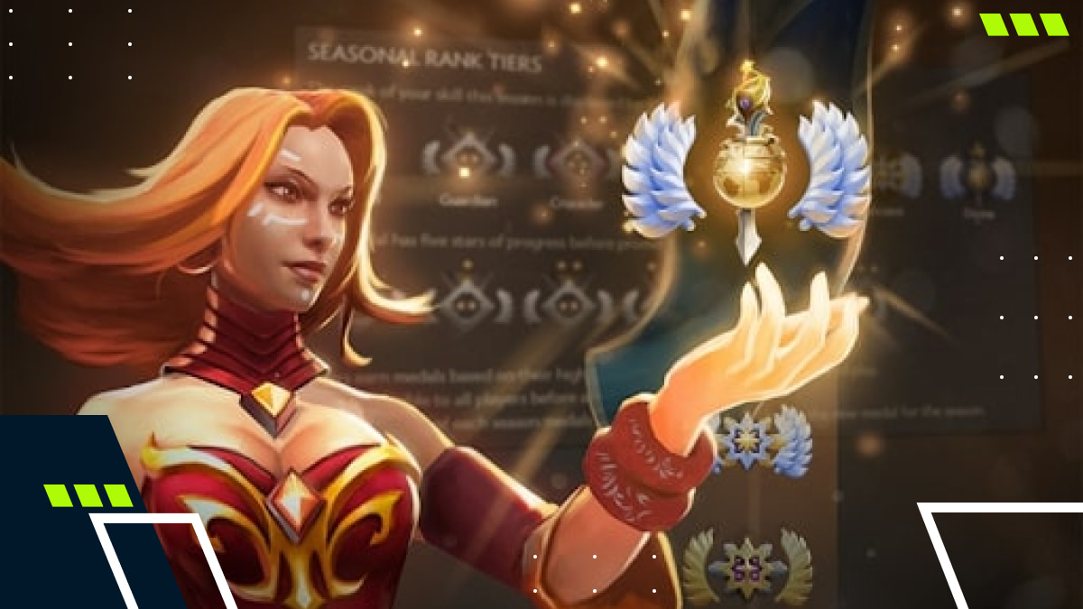 Dota 2 hero Lina holding a glowing rank medal representing player tiers and matchmaking ranks