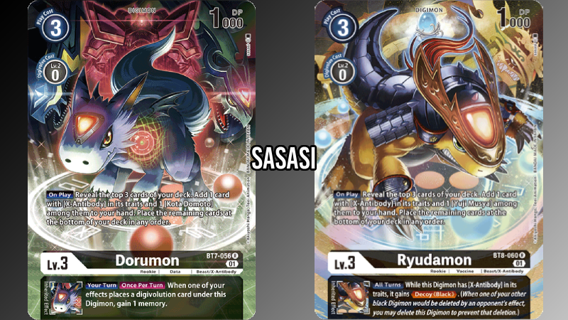Digimon card art featuring Dorumon and Ryudamon form sasasi