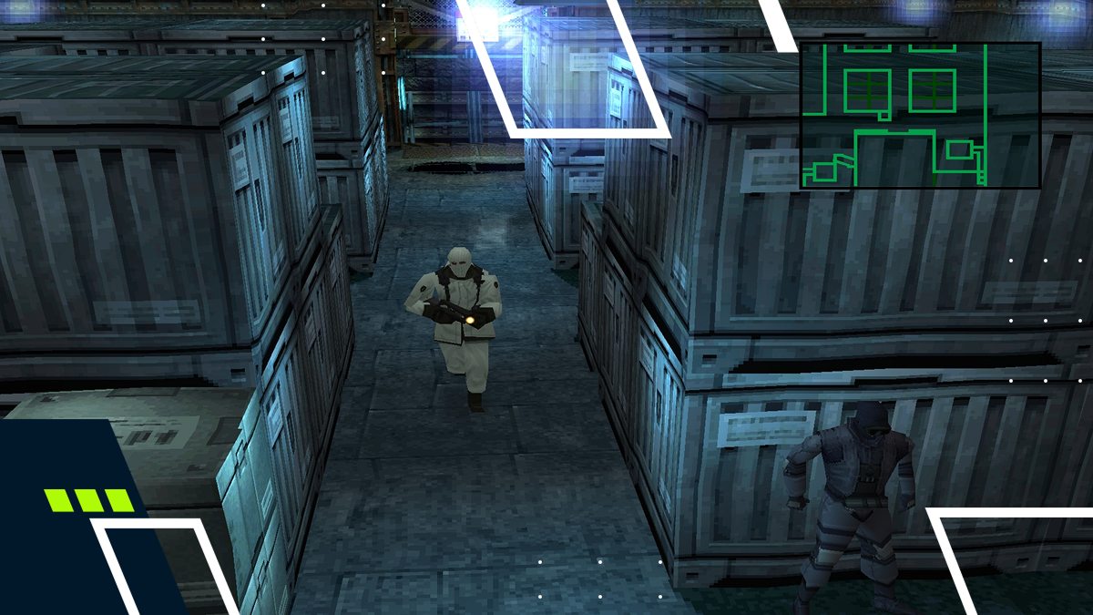 A soldier in a white uniform navigates a dimly lit warehouse filled with stacked crates and tactical equipment.