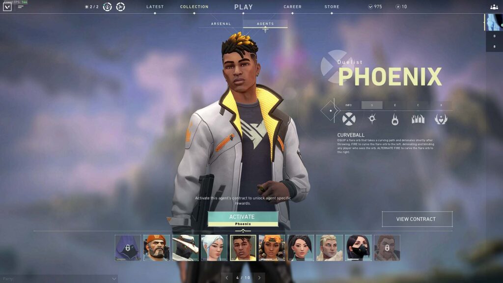 Phoenix VALORANT agent profile screen highlighting Duelist abilities and self-healing kit for ranked play