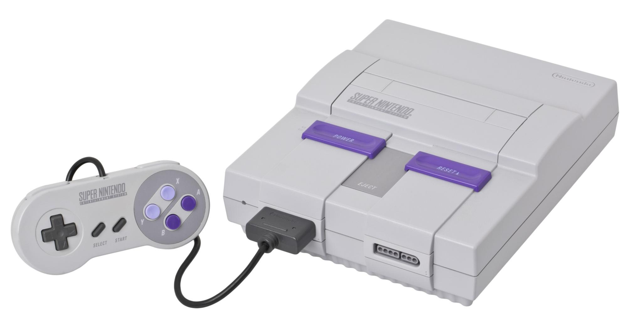 A Super Nintendo console with a gray and purple design, accompanied by its classic controller featuring multiple buttons.