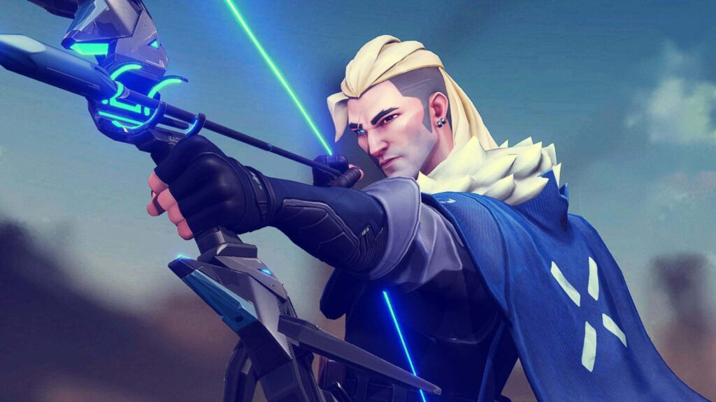 Sova VALORANT Initiator agent artwork emphasizing recon arrows, scouting utility, and map control