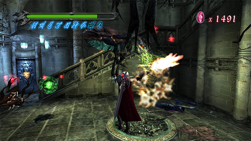 Devil May Cry 4 screenshot showcasing a character battling in a dark, stylized environment.