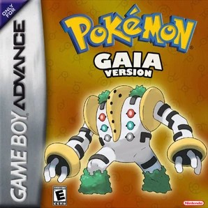 Game cover for "Pokémon Gaia Version" features an illustrated, robotic-like creature with green accents on an orange background. Label reads "Game Boy Advance."