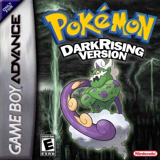 Cover art for "Pokémon Dark Rising Version" on Game Boy Advance. Features a dragon-like Pokémon with a purple swirl on a stormy, dark background.
