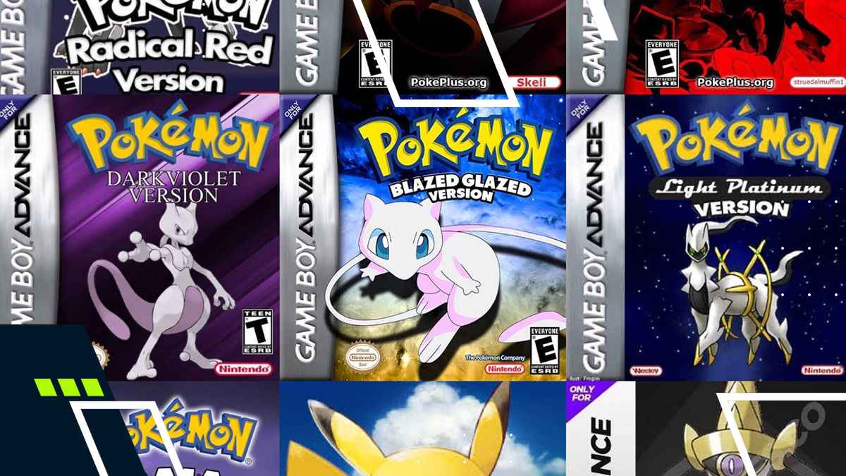 Collage of Pokémon Game Boy Advance cover art for various versions, featuring vibrant backgrounds and Pokémon like Mewtwo and Mew, conveying adventure and nostalgia.