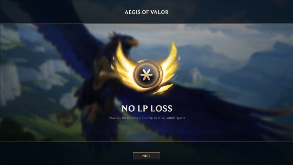 A League of Legends screen showing the Aegis of Valor reward granting no LP loss