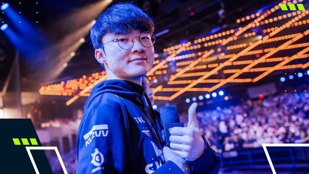 League of Legends star Faker from T1 on stage giving a thumbs-up