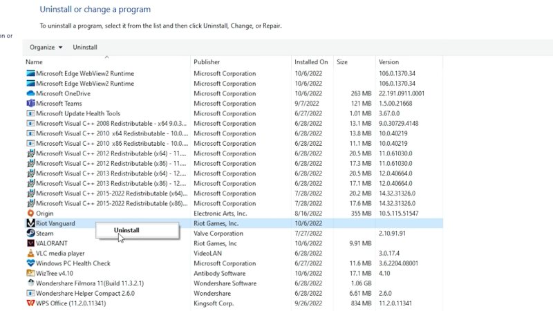 Uninstalling Valorant Riot Vanguard