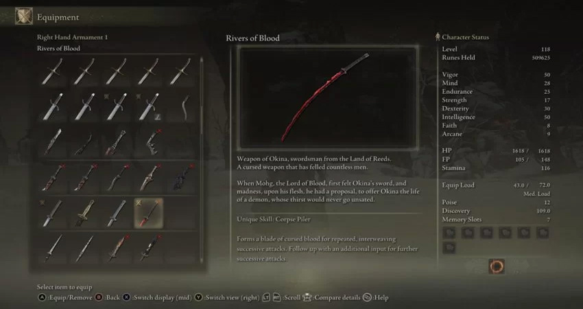 Elden Ring Rivers Of Blood katana - stats