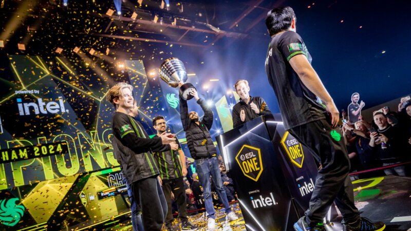 Falcons lifting the ESL One Birmingham 2024 trophy immediately after the match after missing the customary handshake