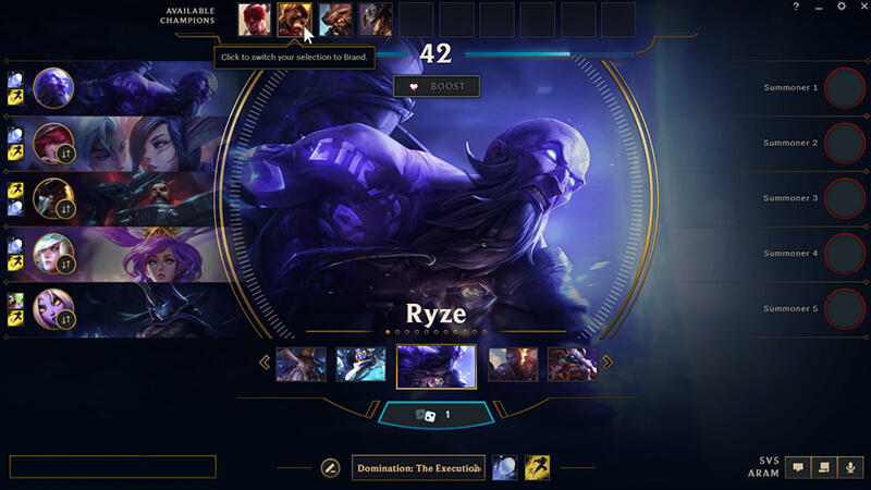 a screenshot of the League of Legends champion select screen for ARAM, with Ryze as the assigned champion