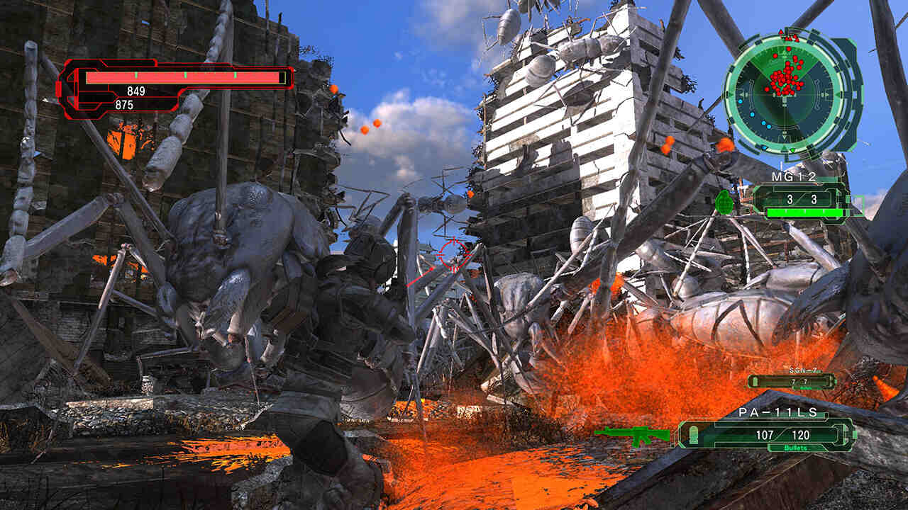 Player fighting off against giant aliens in earth defense force 6.