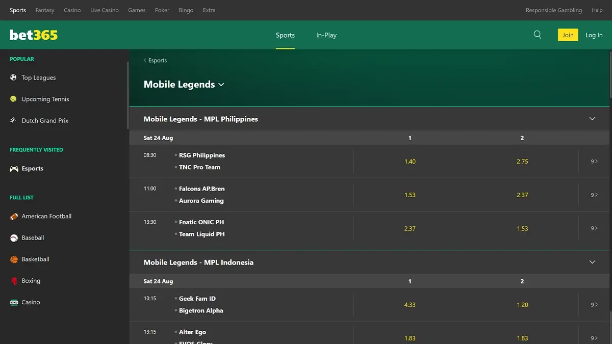 mobile legends odd at bet365
