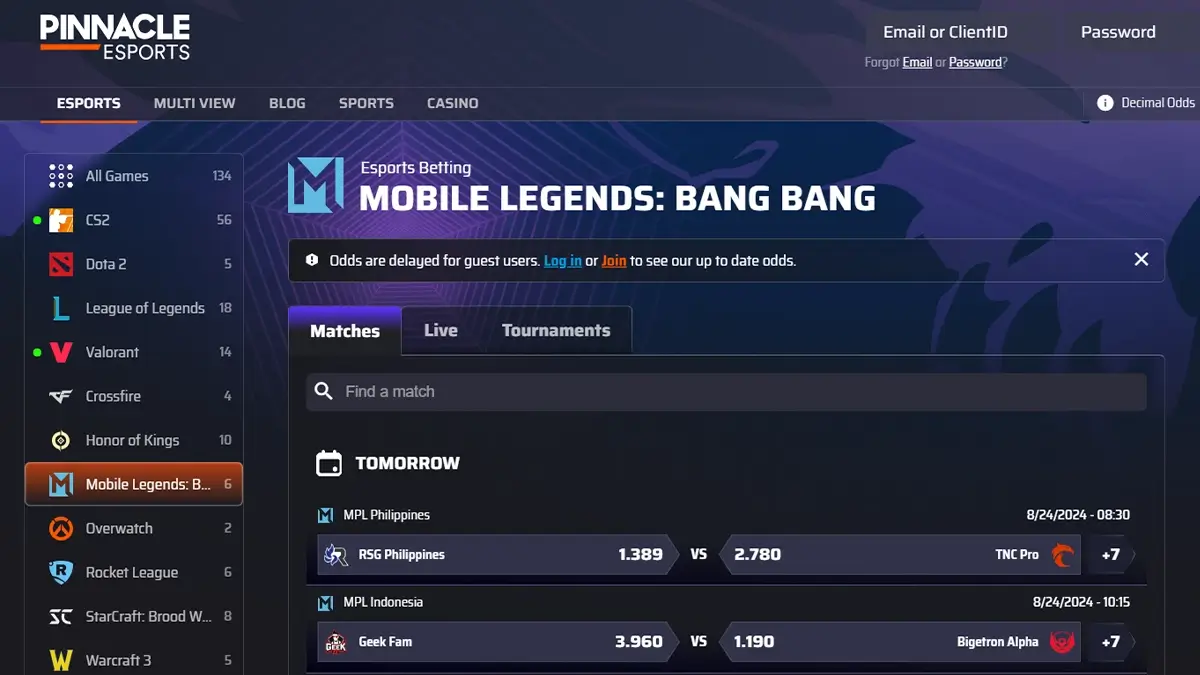 mobile legends odds at pinnacle