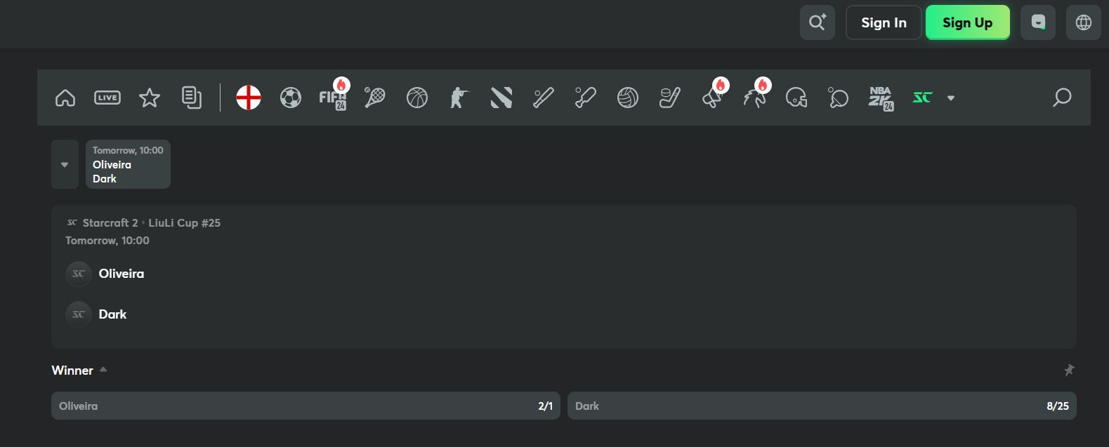BC.Game Starcraft 2 odds screenshot