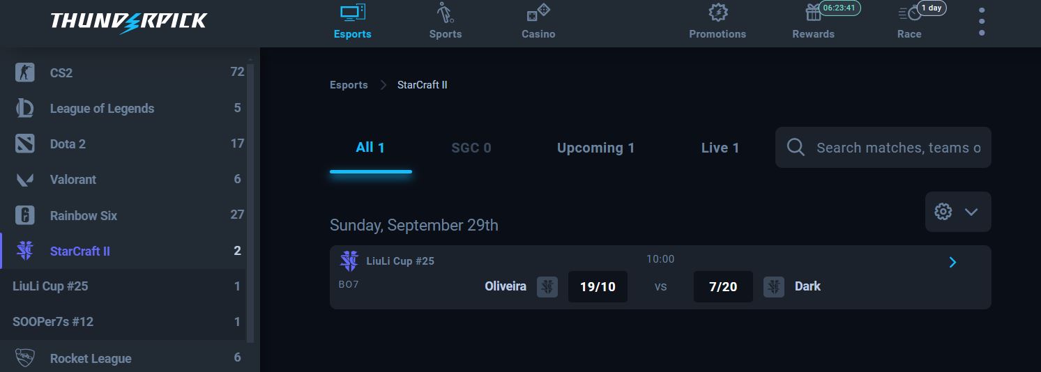 Thunderpick screenshot showing Starcraft 2 odds