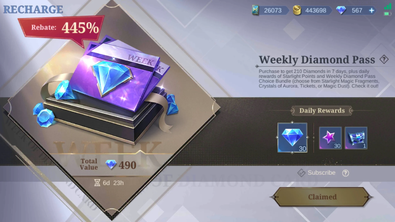 Purchasing Weekly Diamond Pass in MLBB