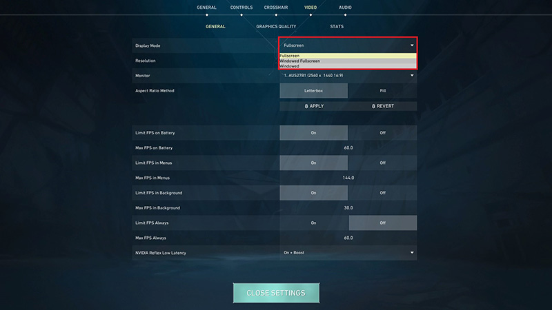 Change the Display mode if VALORANT keeps freezing