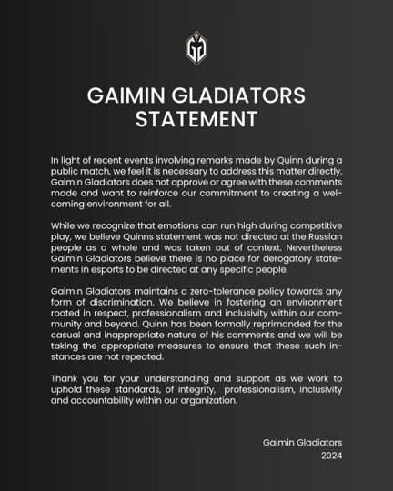 Gaimin Gladiators' statement on Quinn "Quinn" Callahan (Image credit: Gaimin Gladiators)