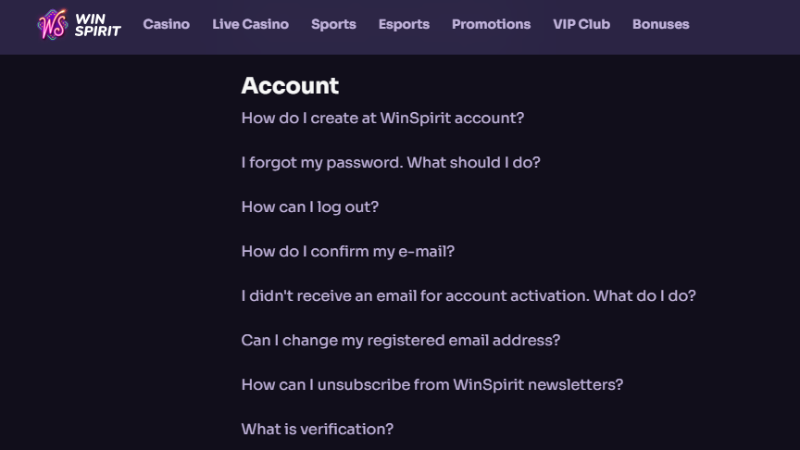 Screenshot showing the FAQs at WinSpirit Casino