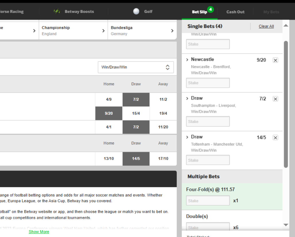 Betway parlay betting screenshot