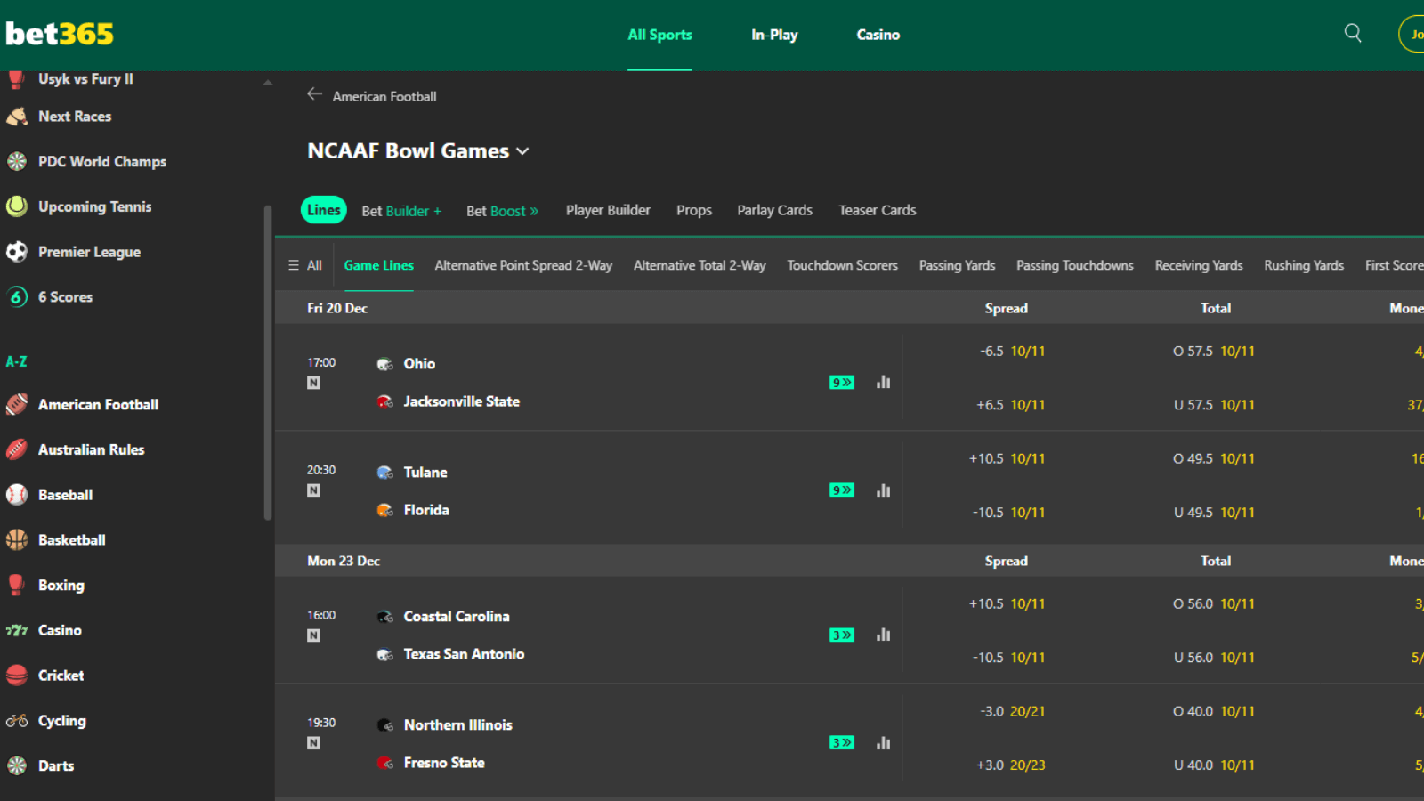 Spread betting screenshot bet365