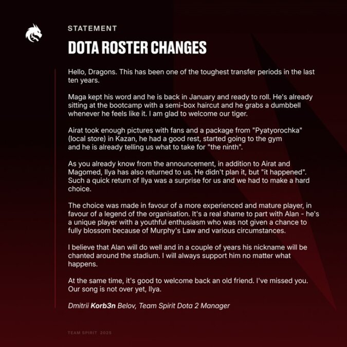 Message from Dmitry "Korb3n" Belov (Image credit: Team Spirit)