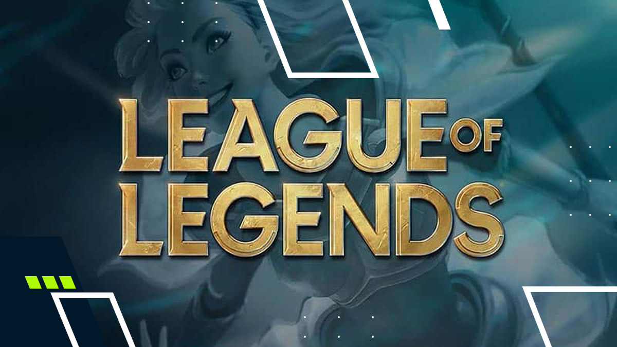 League of Legends logo over a teal background with a faint champion image behind