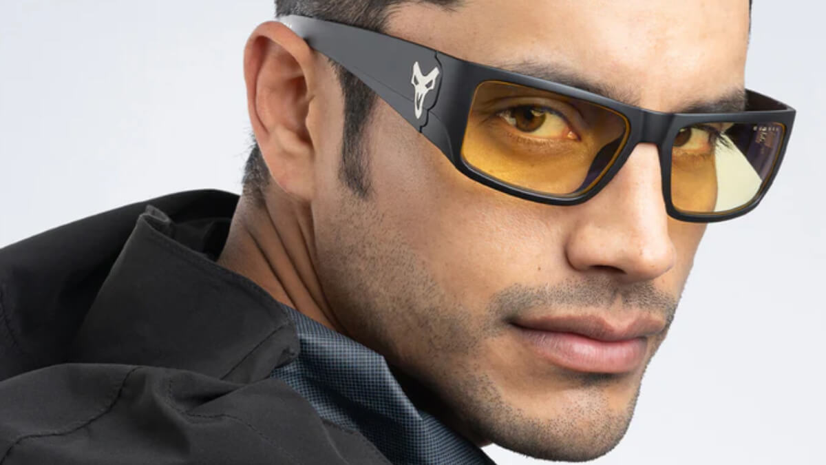 a person wearing the gunnar overwatch reaper glasses