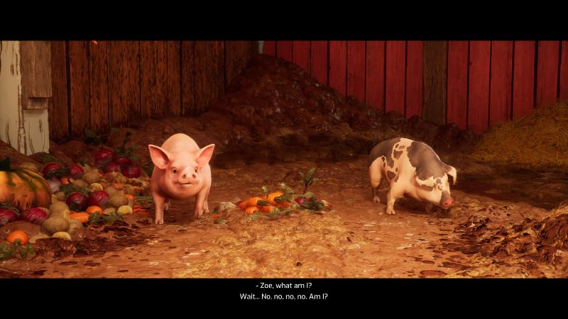 Split Fiction screenshot of characters as pigs talking