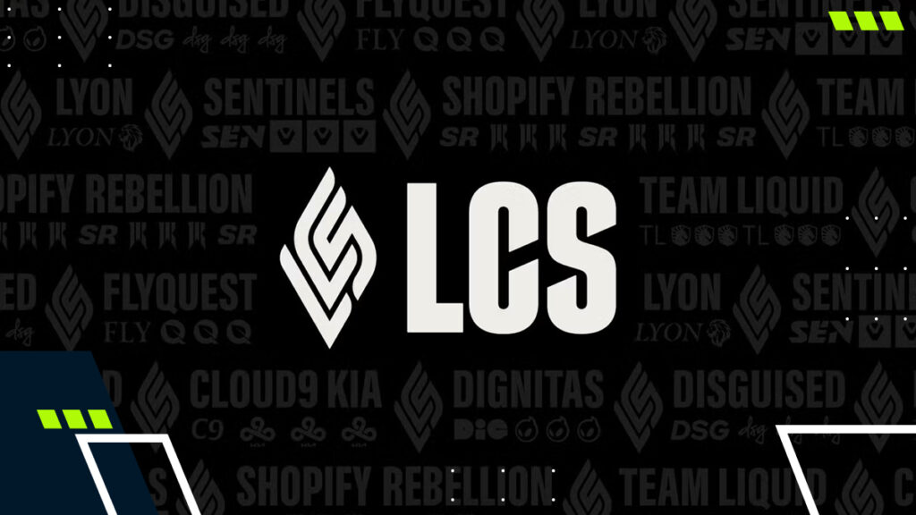 LCS 2026 logo on a black background featuring team names like Cloud9, Team Liquid, and FlyQuest