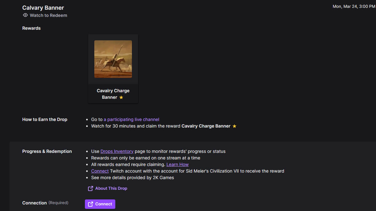 screenshot of the civilization vii twitch drop campaign details on twitch