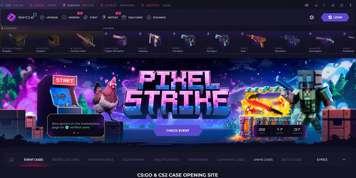 hellcase alternative called skin.club screenshot of homepage