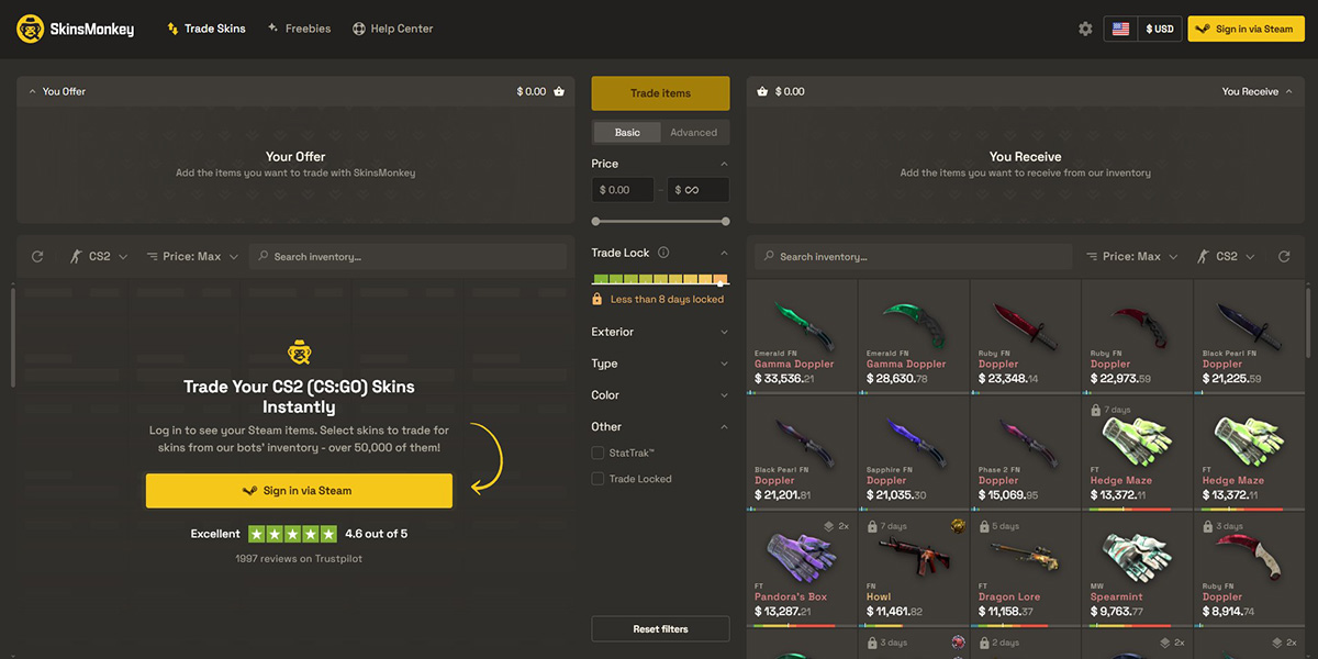 Screenshot of SkinsMonkey's cs2 skins marketplace section