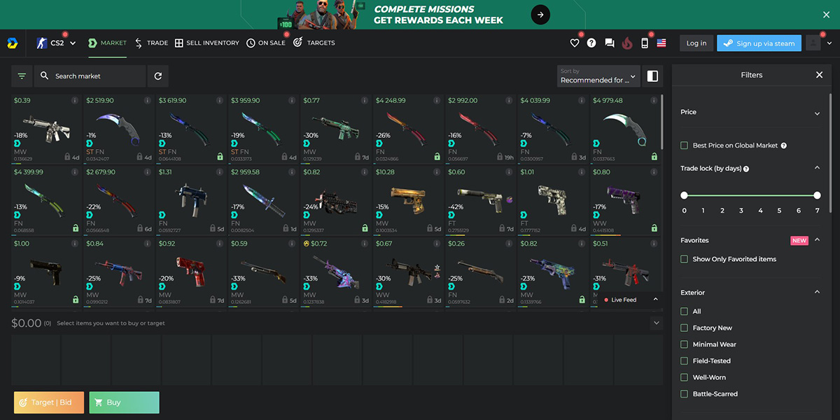 screenshot of the DMarket skins store