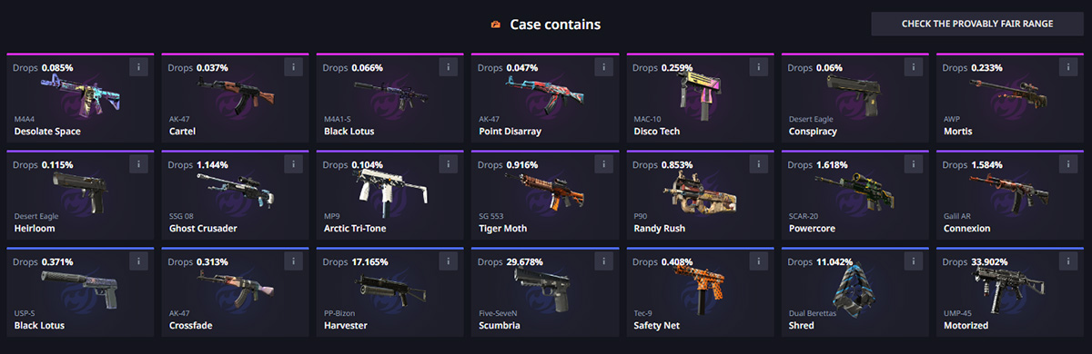 screenshot showing what you can win from a specific hellcase skin case