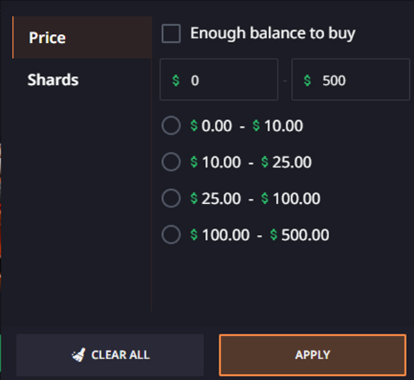 screenshot of hellcase search and filtering tools