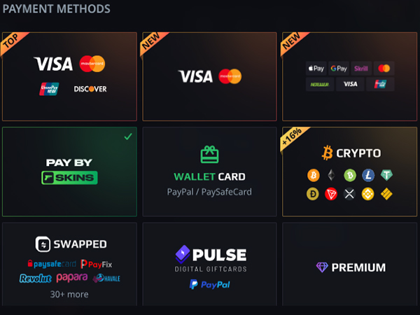 screenshot of the supported payment methods at Hellcase