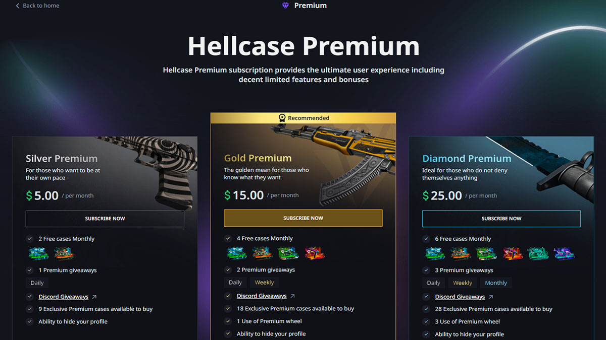 screenshot of Hellcase premium and what it includes