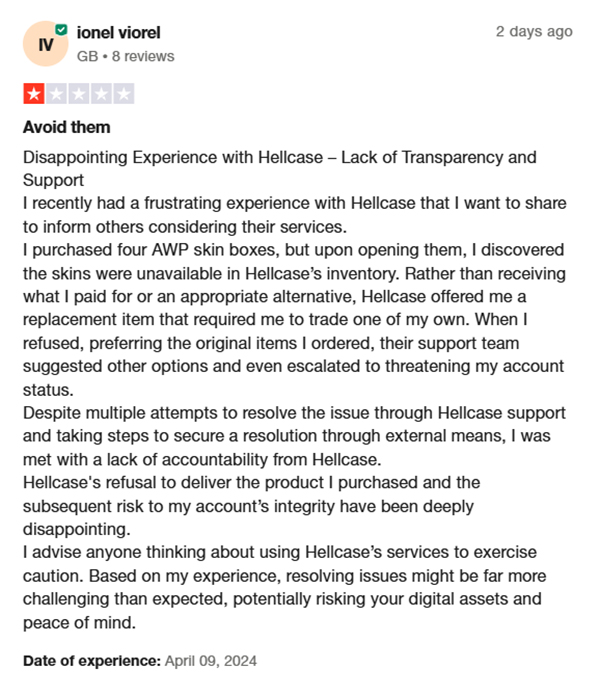 screenshot of a negative hellcase review