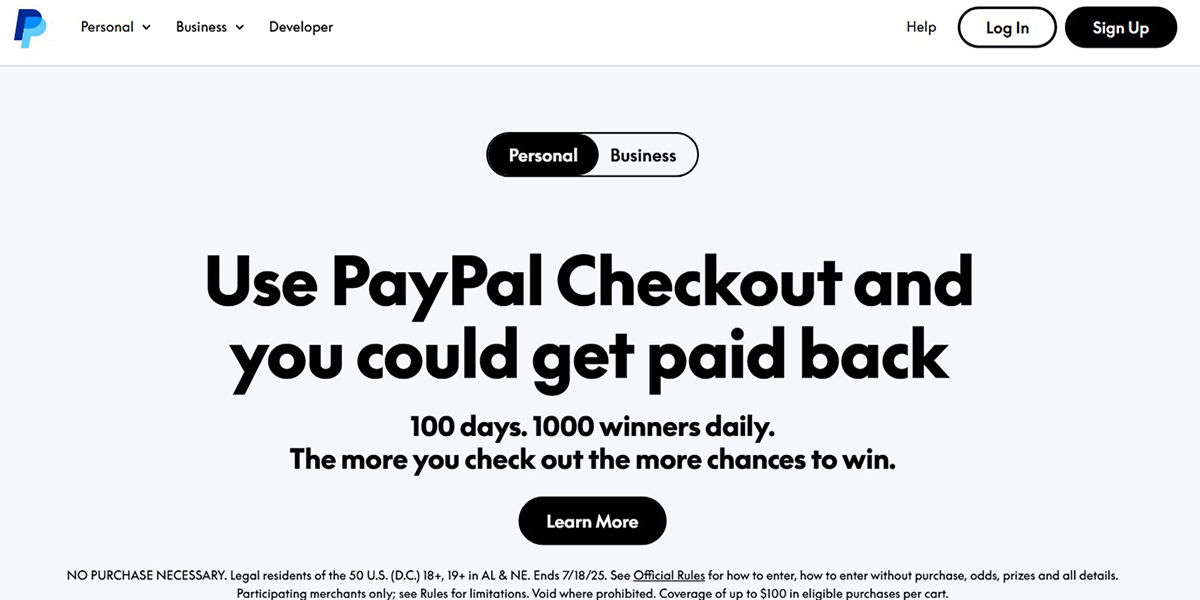 screenshot of the paypal homepage