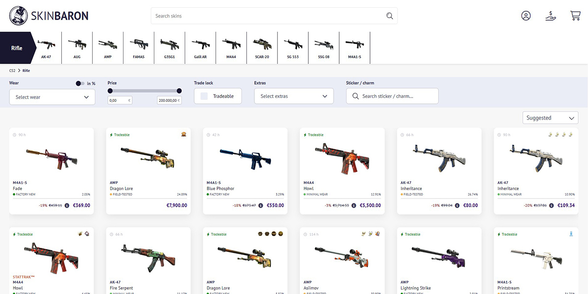 Screenshot of one of the best sites to buy cs2 skins, SkinBaron