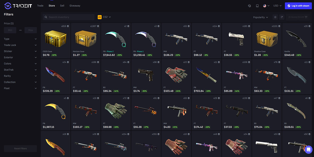 screenshot of the skins store for cs2 of the TradeIt website