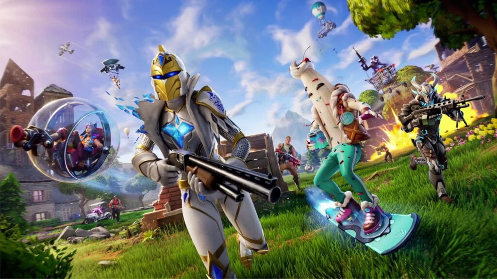 Multiple characters rushing into combat in Fortnite during an intense firefight