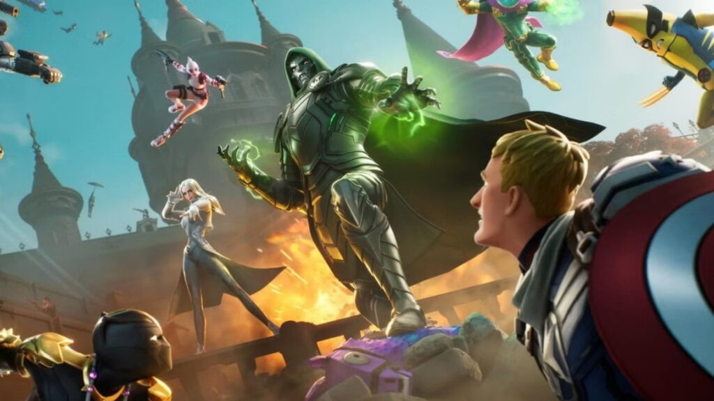 Doctor Doom confronts multiple heroes in Fortnite as the battle erupts around him