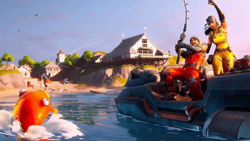 Two players fishing from a boat in Fortnite as a fish leaps from the water