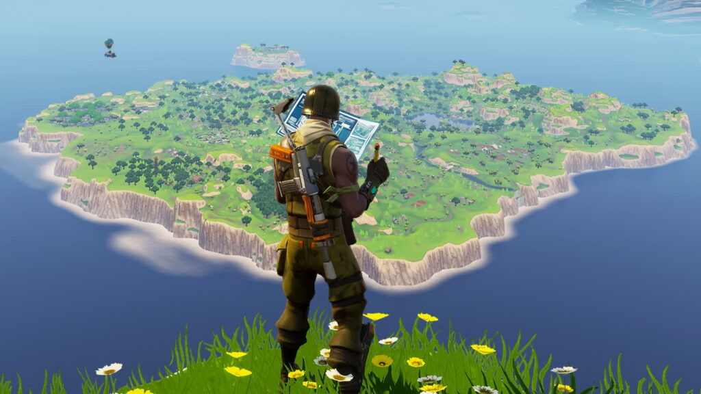 A player surveys the island in Fortnite while studying a building blueprint